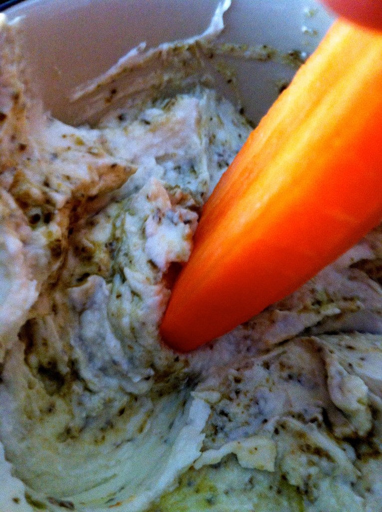 Finnish carrots dipped in goat quark and organic pesto.