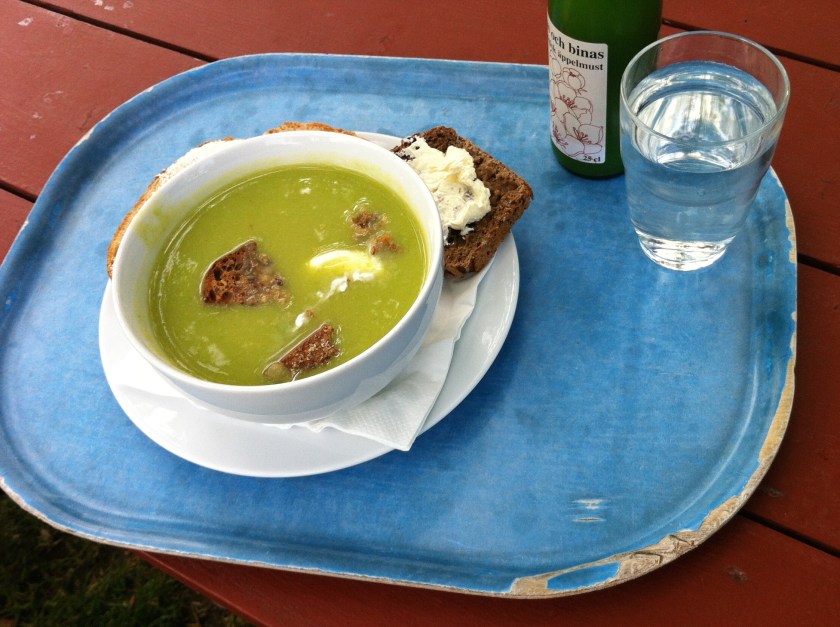Bright green fresh pea soup and buttered organic bread