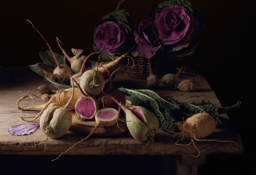 A still life of vegetables including kale, by Paulette Tavormina